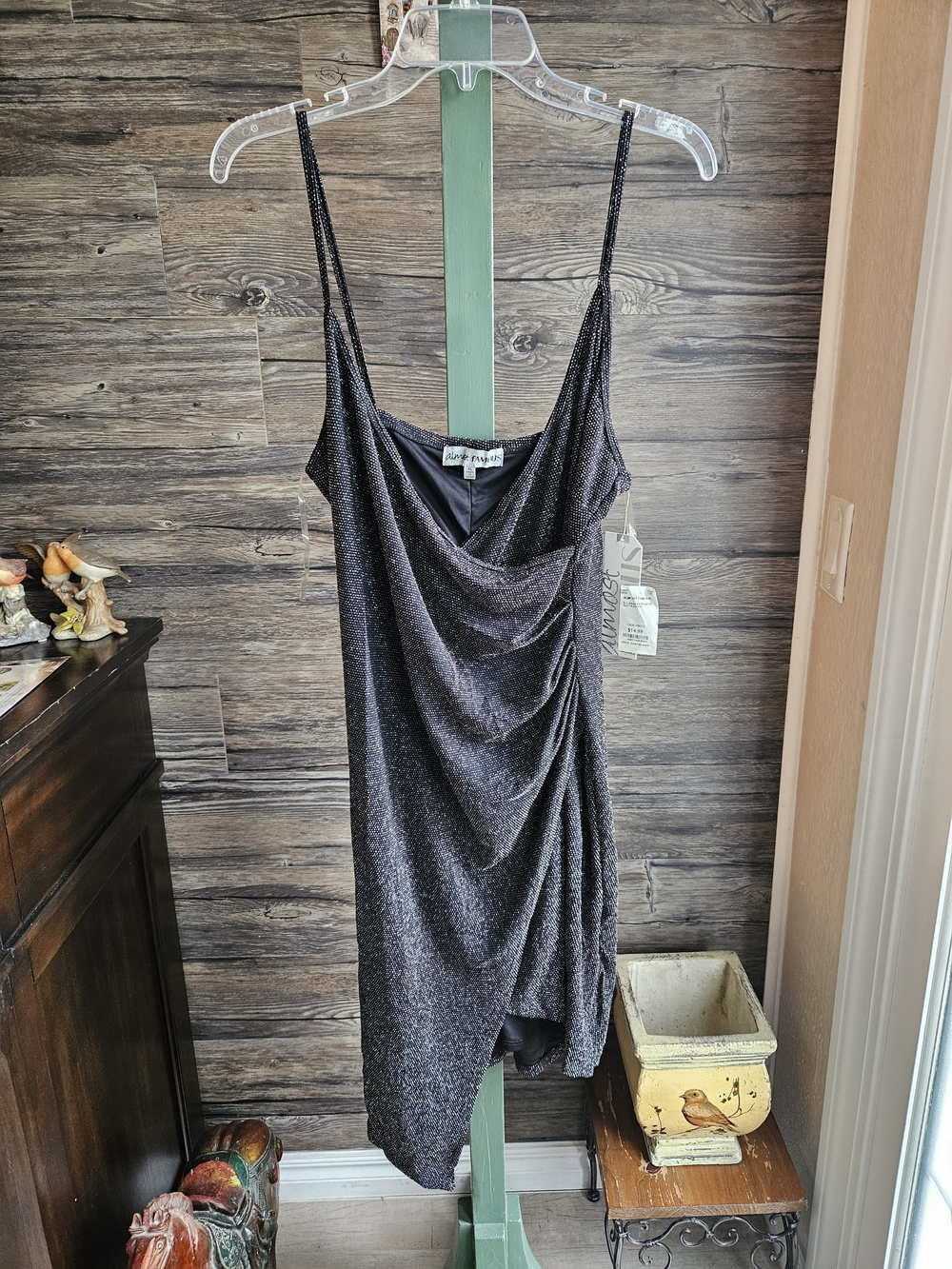 Almost Famous Glittered Black Mini Slip Dress with Draped Side